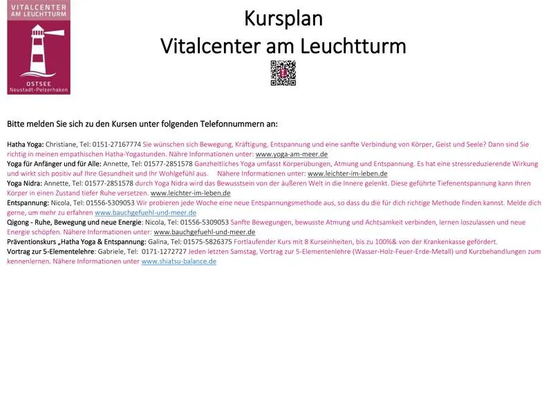 Kontakte für Kurse im Vitalcenter